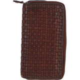 Vintage Woven Leather Zip Around Large 10 Card Coin Note Purse Cognac :  D-81