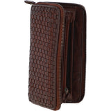Vintage Woven Leather Zip Around Large 10 Card Coin Note Purse Cognac :  D-81