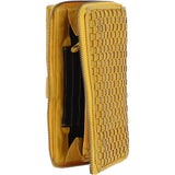 Vintage Woven Leather Zip Around Large 22 Card Coin Note Purse Yellow:  D-84
