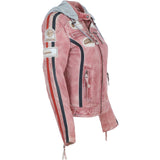 Women's Detachable Hood Leather Biker Jacket PINK WASH: Diana