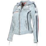 Women's Detachable Hood Leather Biker Jacket Stone Wash: Diana