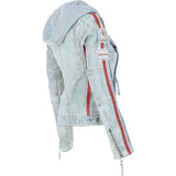 Women's Detachable Hood Leather Biker Jacket Stone Wash: Diana