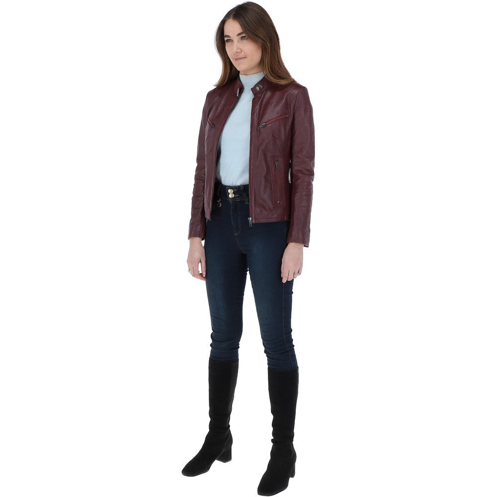 Leather Biker Jacket Burgundy: G 2131