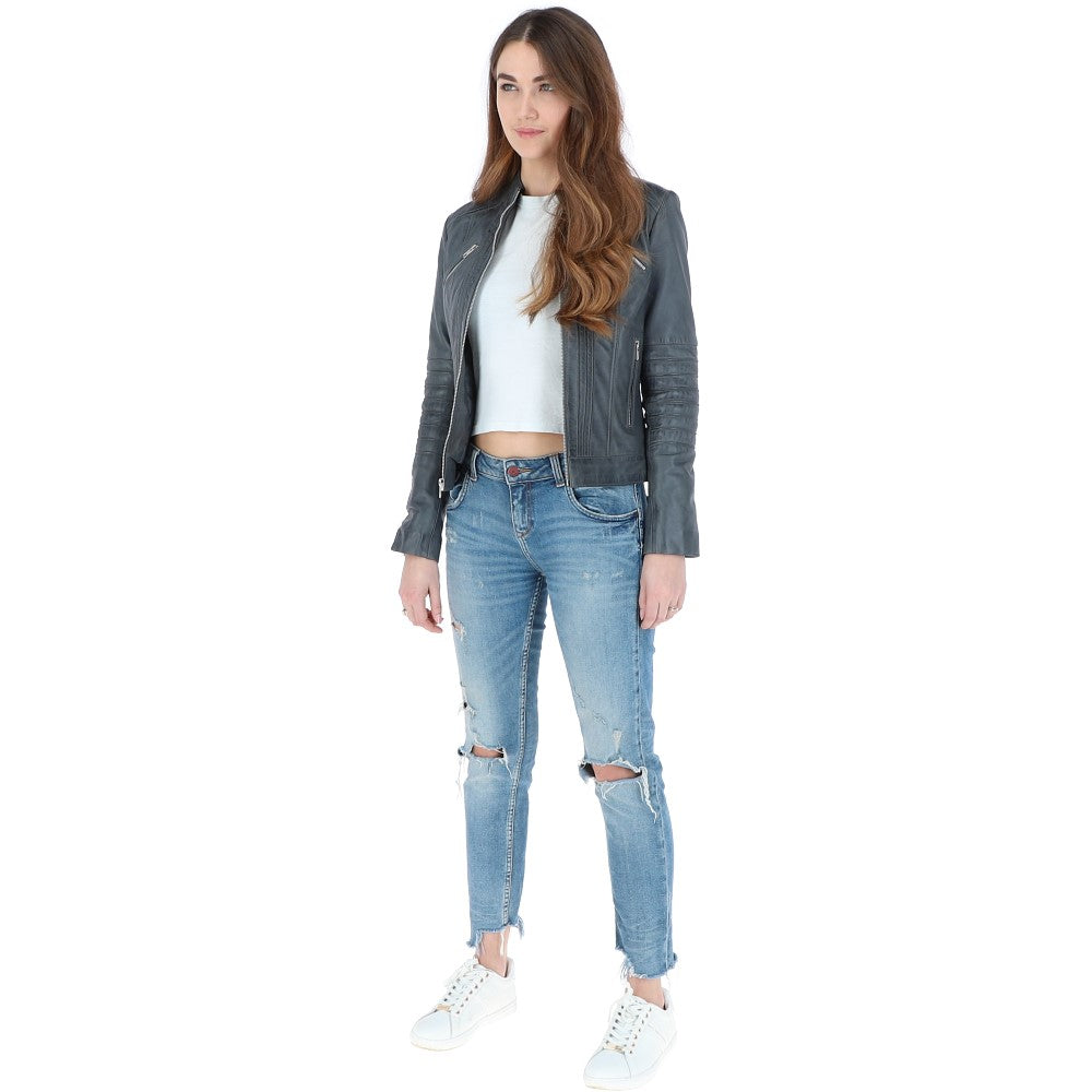 Ladies Leather Biker Jacket Grey: BR-Alice