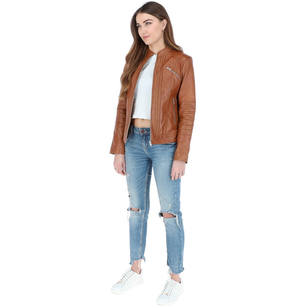 Ladies Leather Biker Jacket Tan: BR-Alice