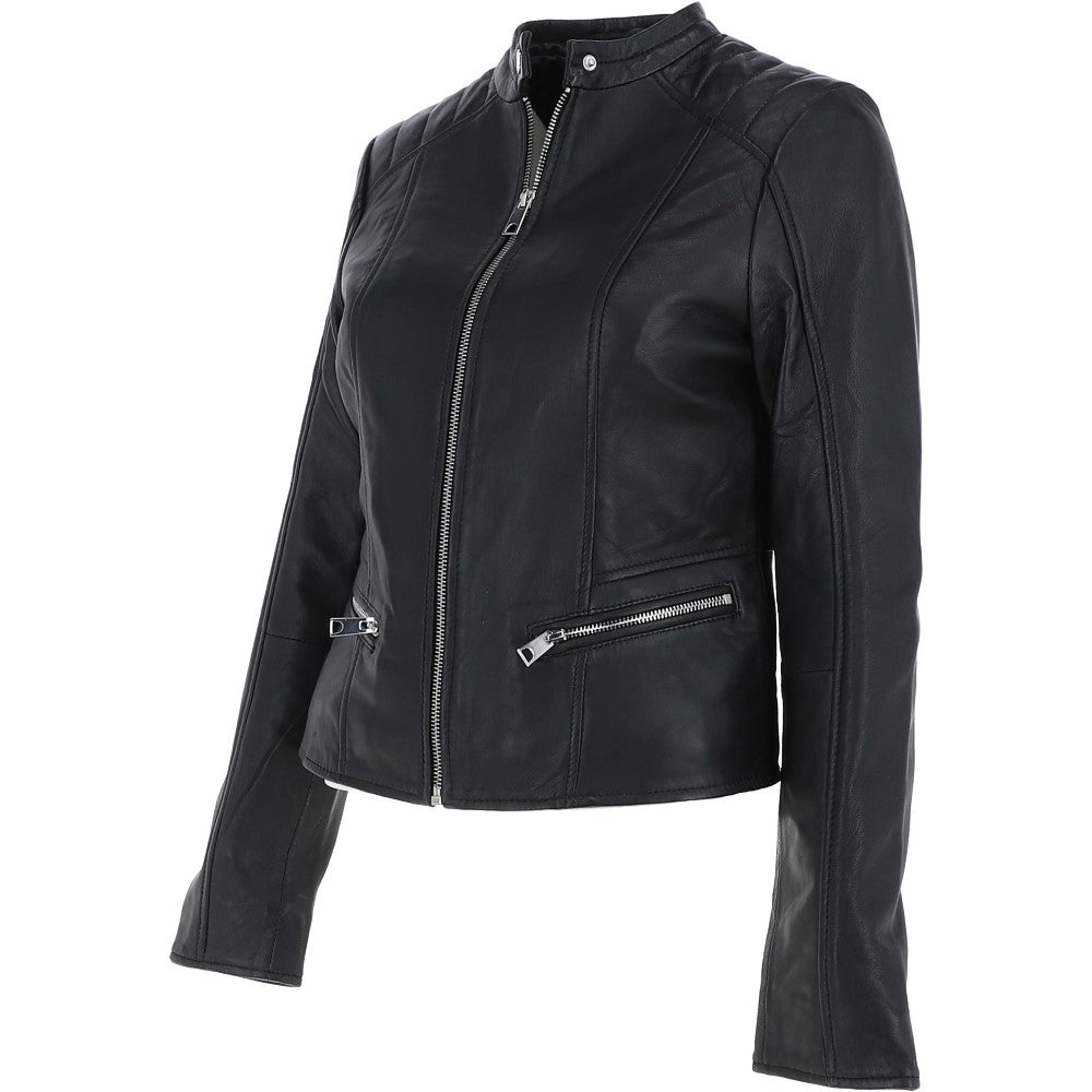 Ladies Leather Biker Jacket Black: FO-ALVA