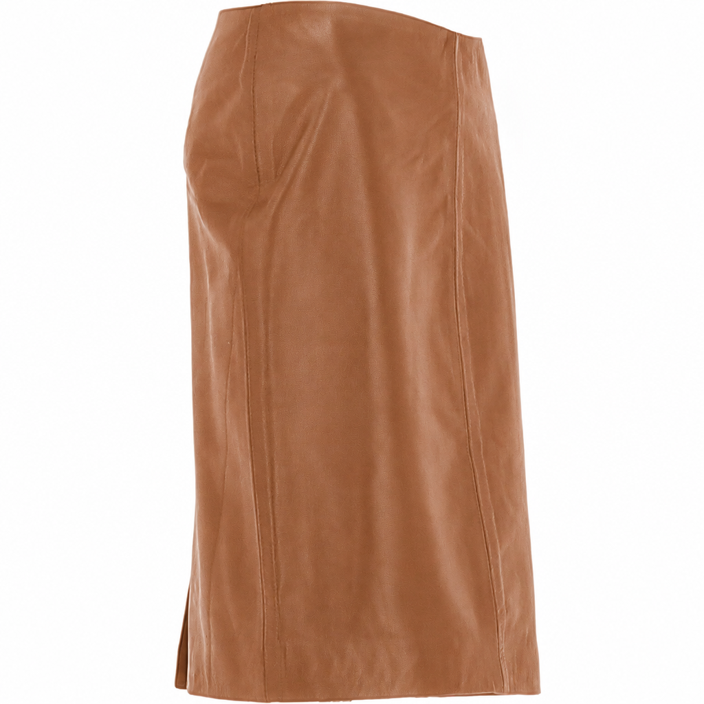 Cognac tan leather pencil skirt detail