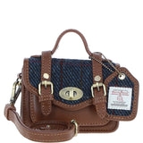 Ashwood Leather & Harris Tweed® Cloth Micro Satchel Bag with Twist Lock Tan/Navy:TW-36-11-TN