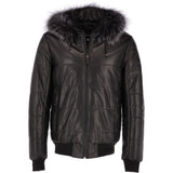 Men's Leather Hooded Bomber Jacket Black: 1160