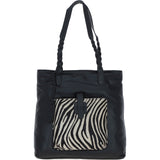 Black Leather Shoulder Bag with Zebra Print Pocket: ELA 1128