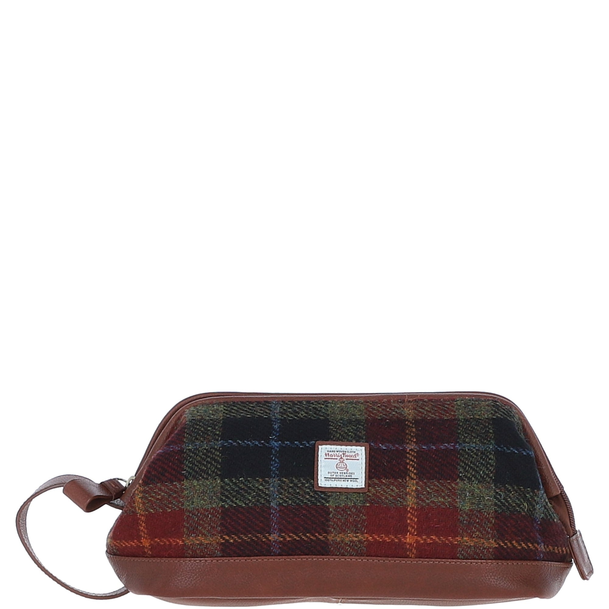 Ashwood Leather & Harris Tweed® Cloth Unisex Washbag Tan/Green/Red: TW-40-08-TR