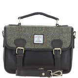Ashwood Leather & Harris Tweed® Cloth Satchel Bag Brown/Green: TW-68-09-BG