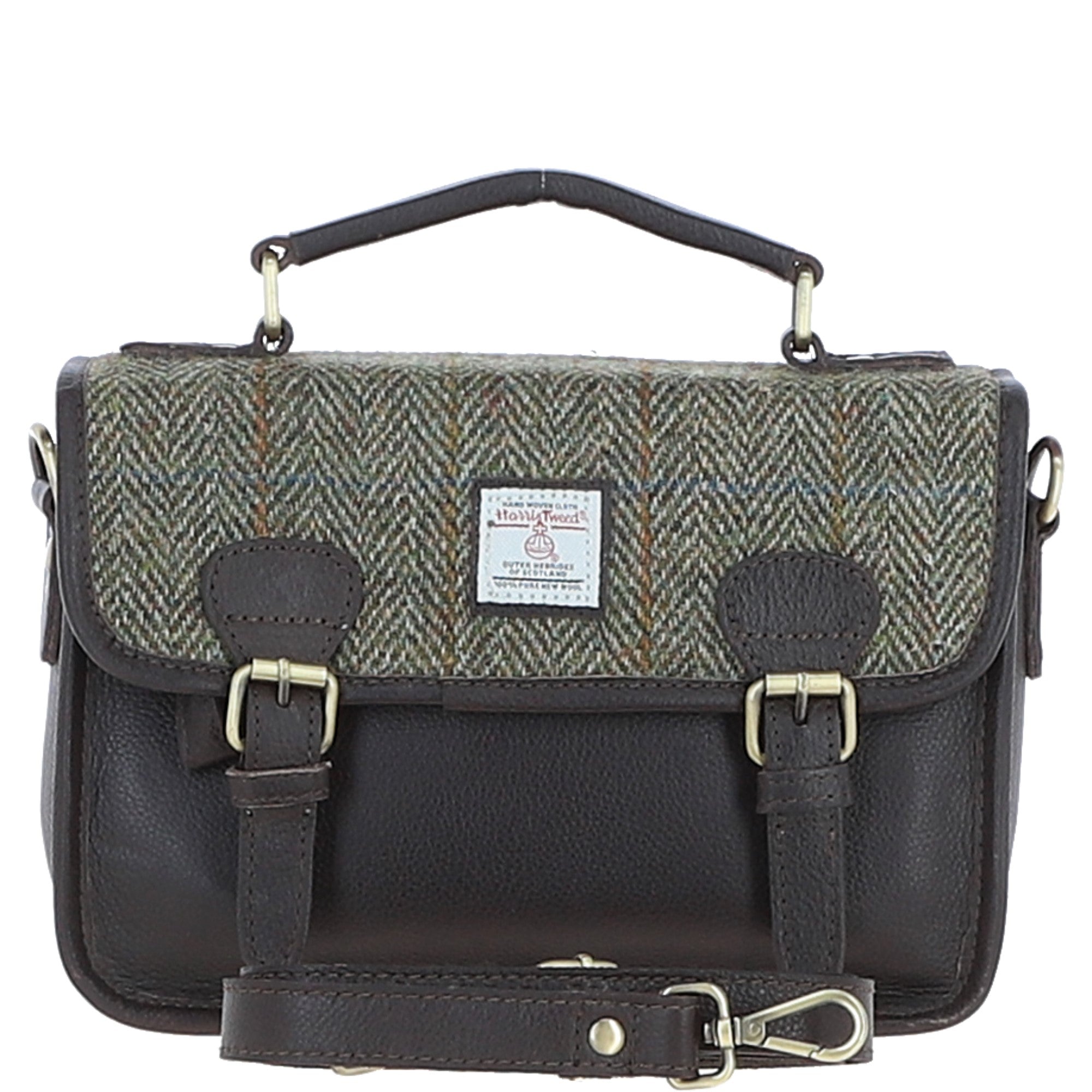 Ashwood Leather & Harris Tweed® Cloth Satchel Bag Brown/Green: TW-68-09-BG