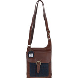 Ashwood Leather & Harris Tweed® Cloth Crossbody Bag Tan/Navy: TW-24-011-TN