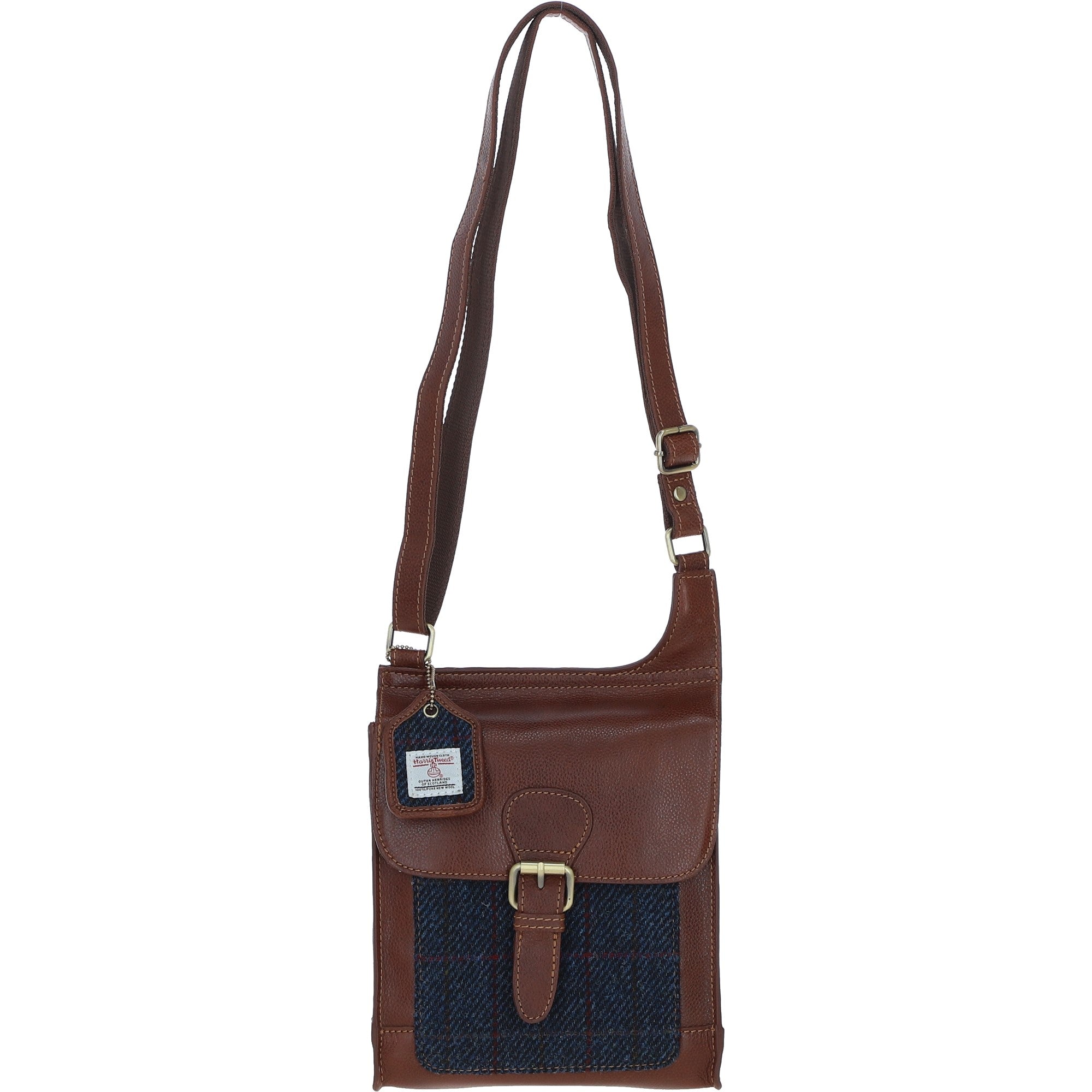 Ashwood Leather & Harris Tweed® Cloth Crossbody Bag Tan/Navy: TW-24-011-TN