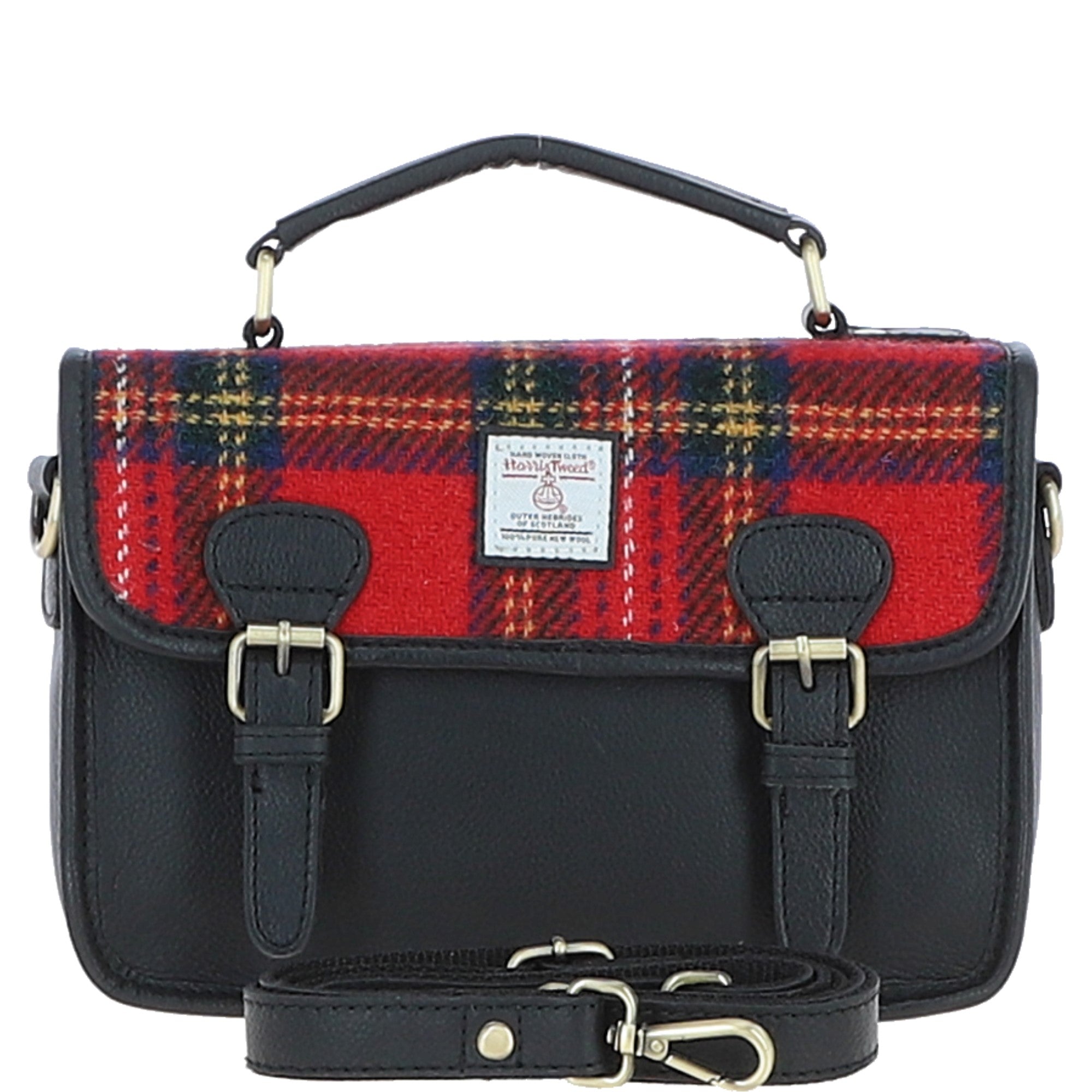 Ashwood Leather & Harris Tweed® Cloth Satchel Bag Black/Red: TW-68-14-BR