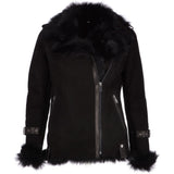 Womens Luxury Side Zip Toscana Suede Sheepskin Pilot Jacket Black: KB-806