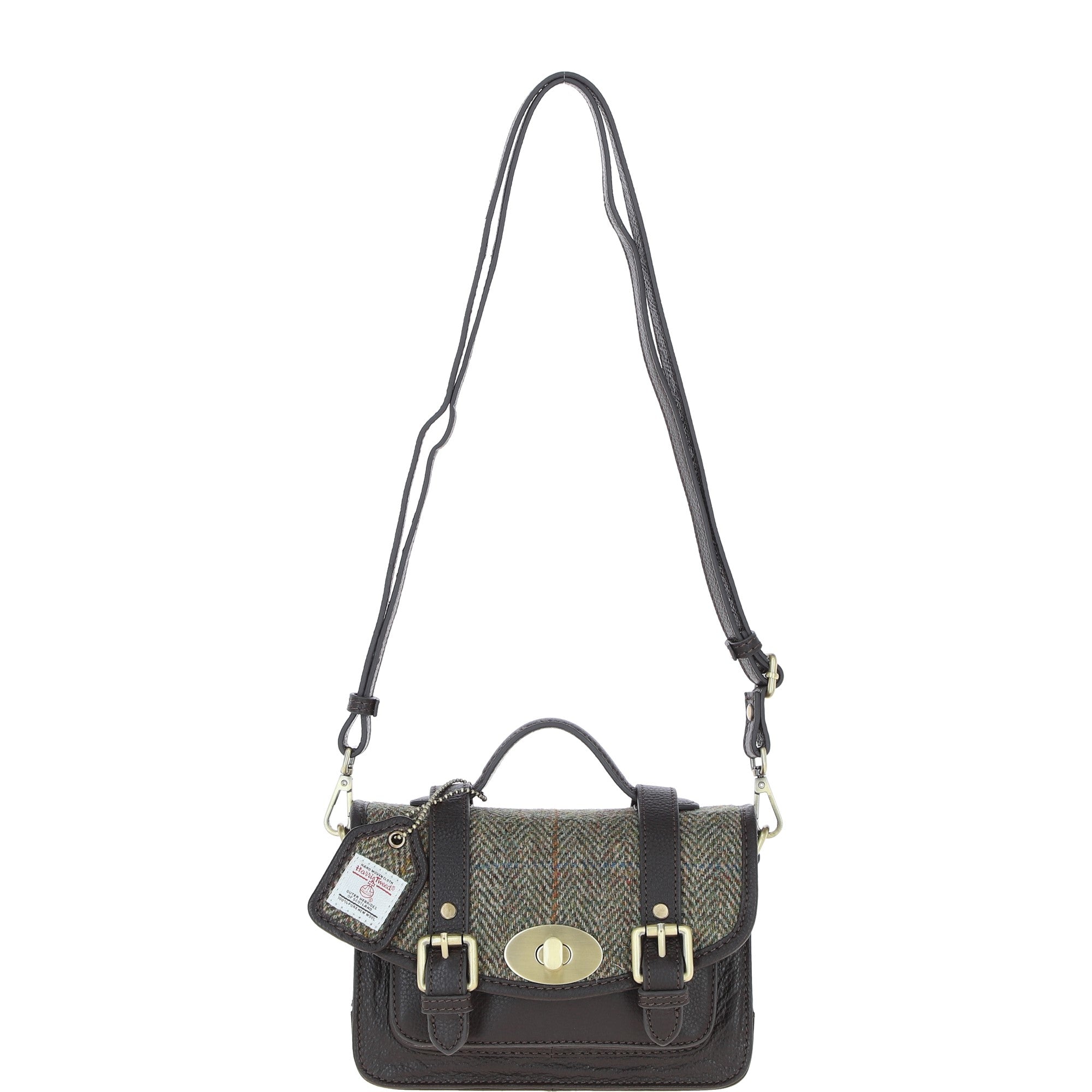 Ashwood Leather & Harris Tweed® Cloth Small Satchel Bag with Twist Lock Brown/Green: TW-33-09-BG