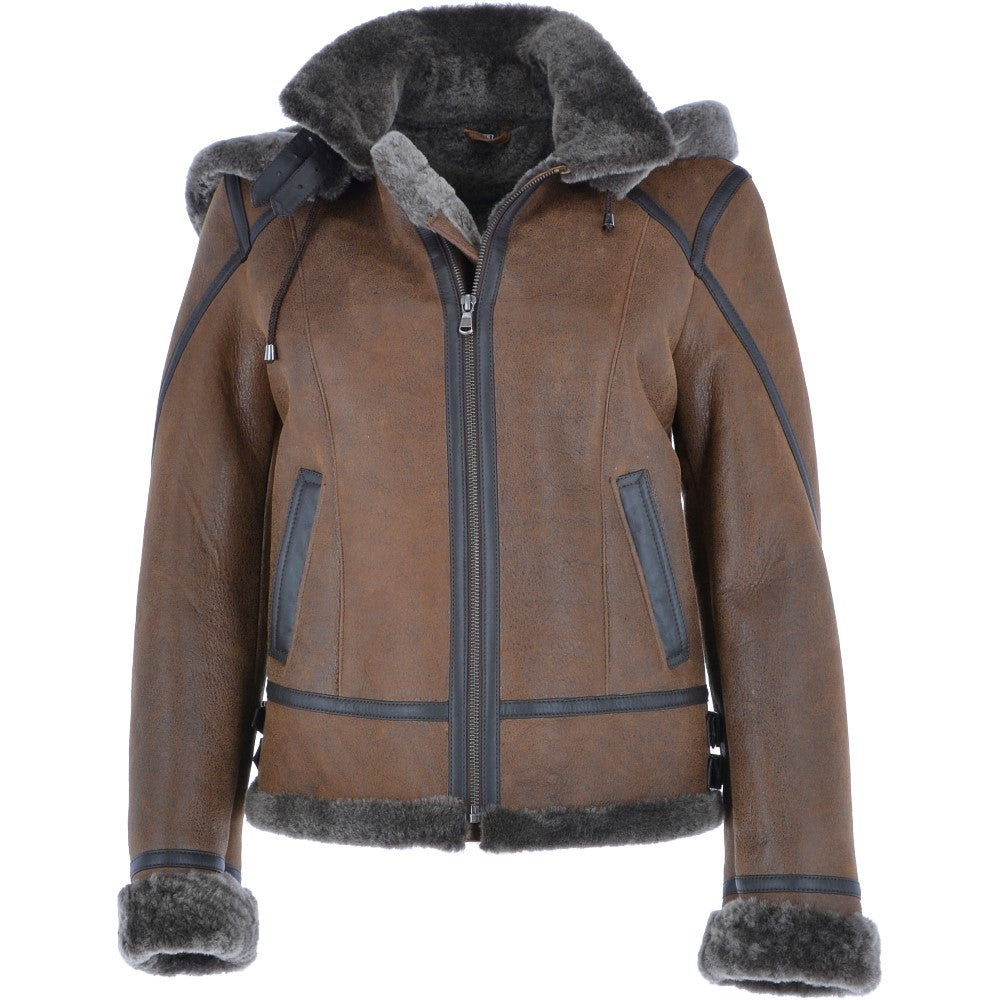 Short Hooded Sheepskin Flying Jacket Tobacco: 10245