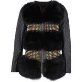 Mongolian Style Gold Studded Leather And Long Haired Fur Trim Coat Black: 9034-T4