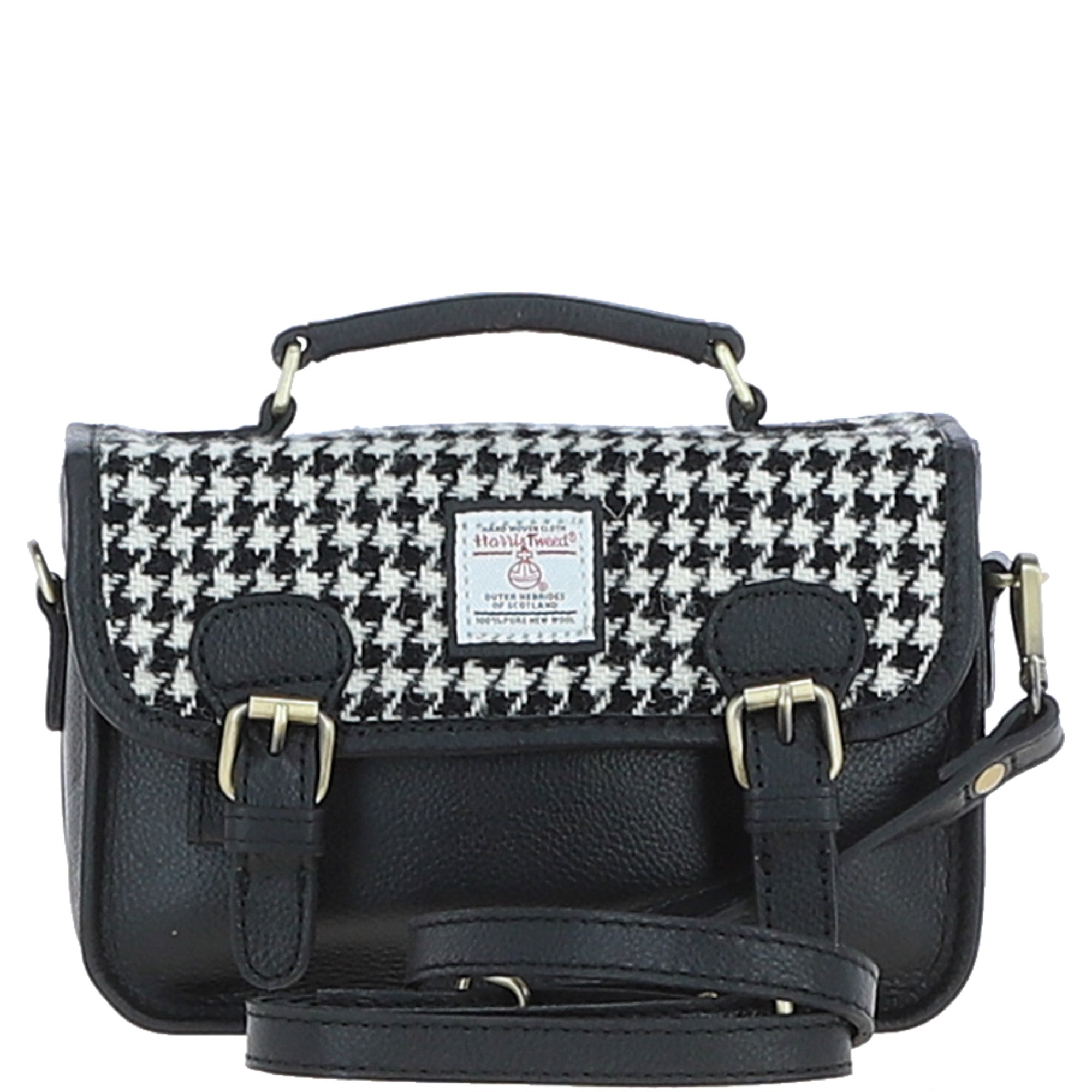Ashwood Leather & Harris Tweed® Cloth Small Satchel Bag Black/White: TW-67-12-BW