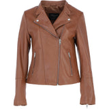 Real Leather Ladies Biker Jacket with Mandarin Collar Tan: AWL-N32