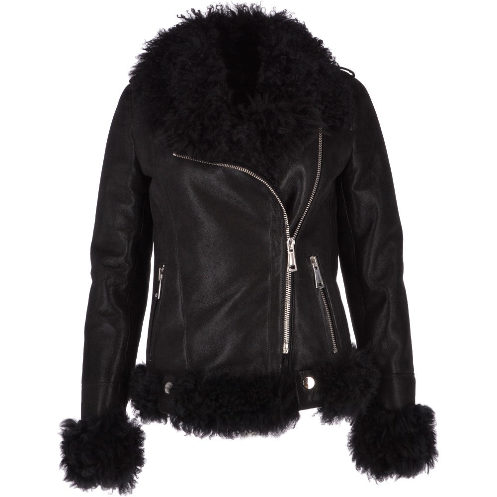 Womens Long Curly Sheepskin Suede Pilot Jacket Black: P-36