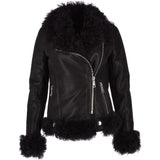 Womens Long Curly Sheepskin Suede Pilot Jacket Black: P-36