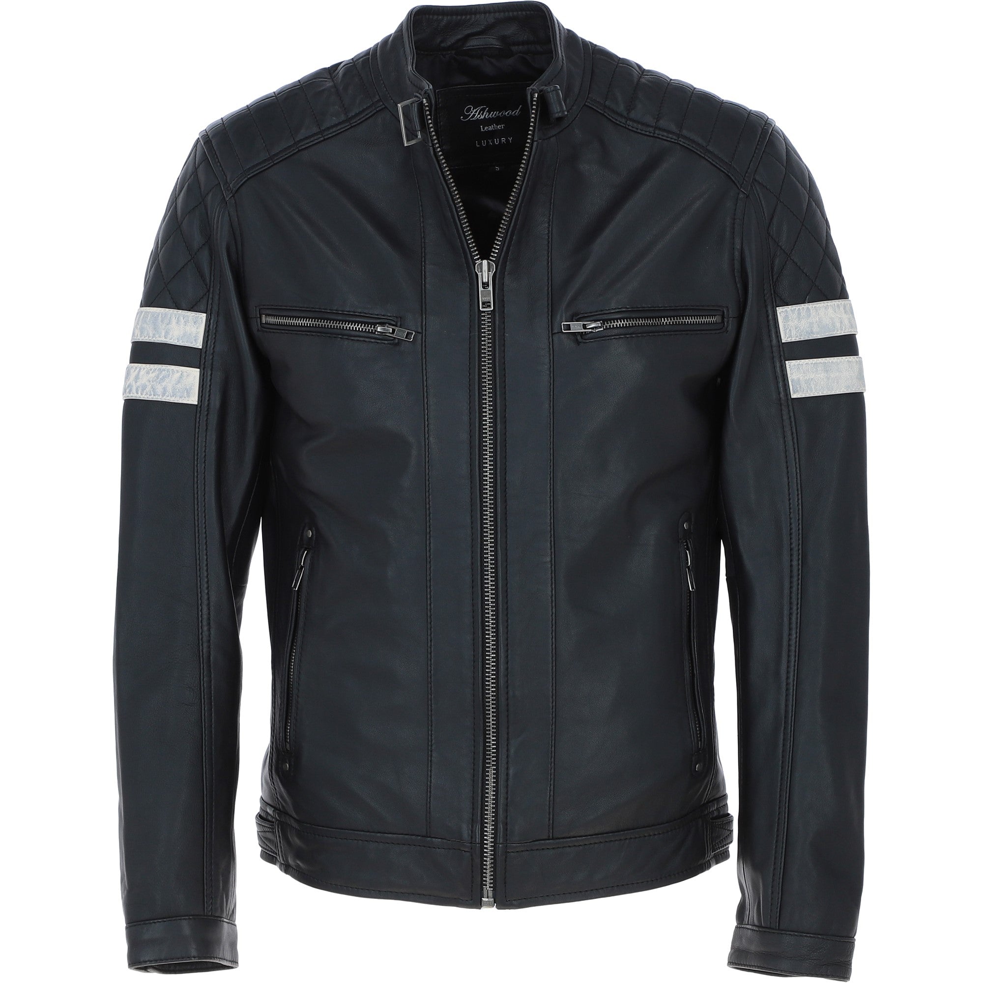 Ashwood Leather Biker Jacket with Bold Contrasting Stripe Black: AWM-NOVA