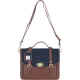 Ashwood Leather & Harris Tweed® Cloth Large Satchel Bag with Twist Lock Tan/Navy: TW-35-11-TN