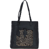 Black Leather Shoulder Bag with Leopard Print Pocket: ELA 1128