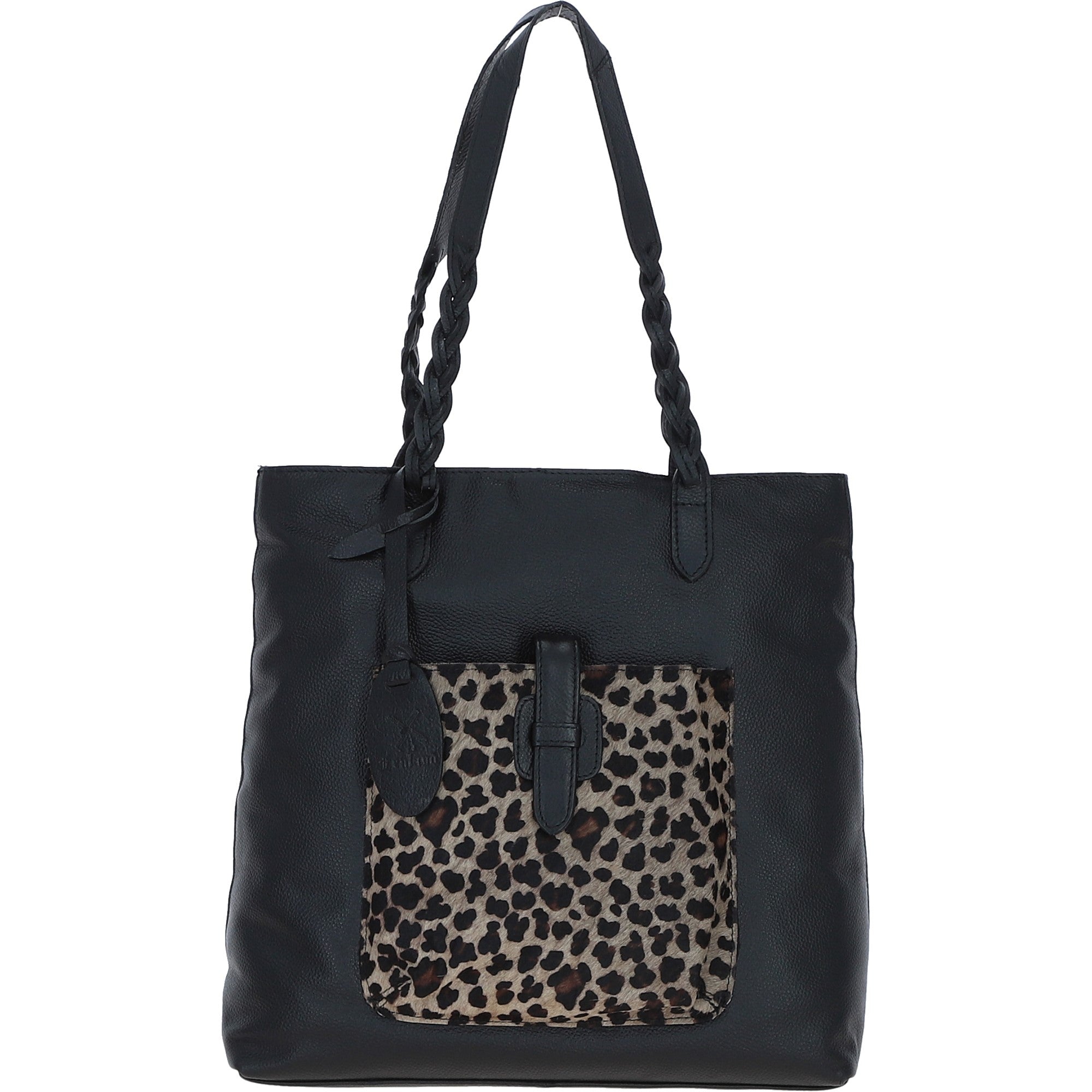 Black Leather Shoulder Bag with Leopard Print Pocket: ELA 1128
