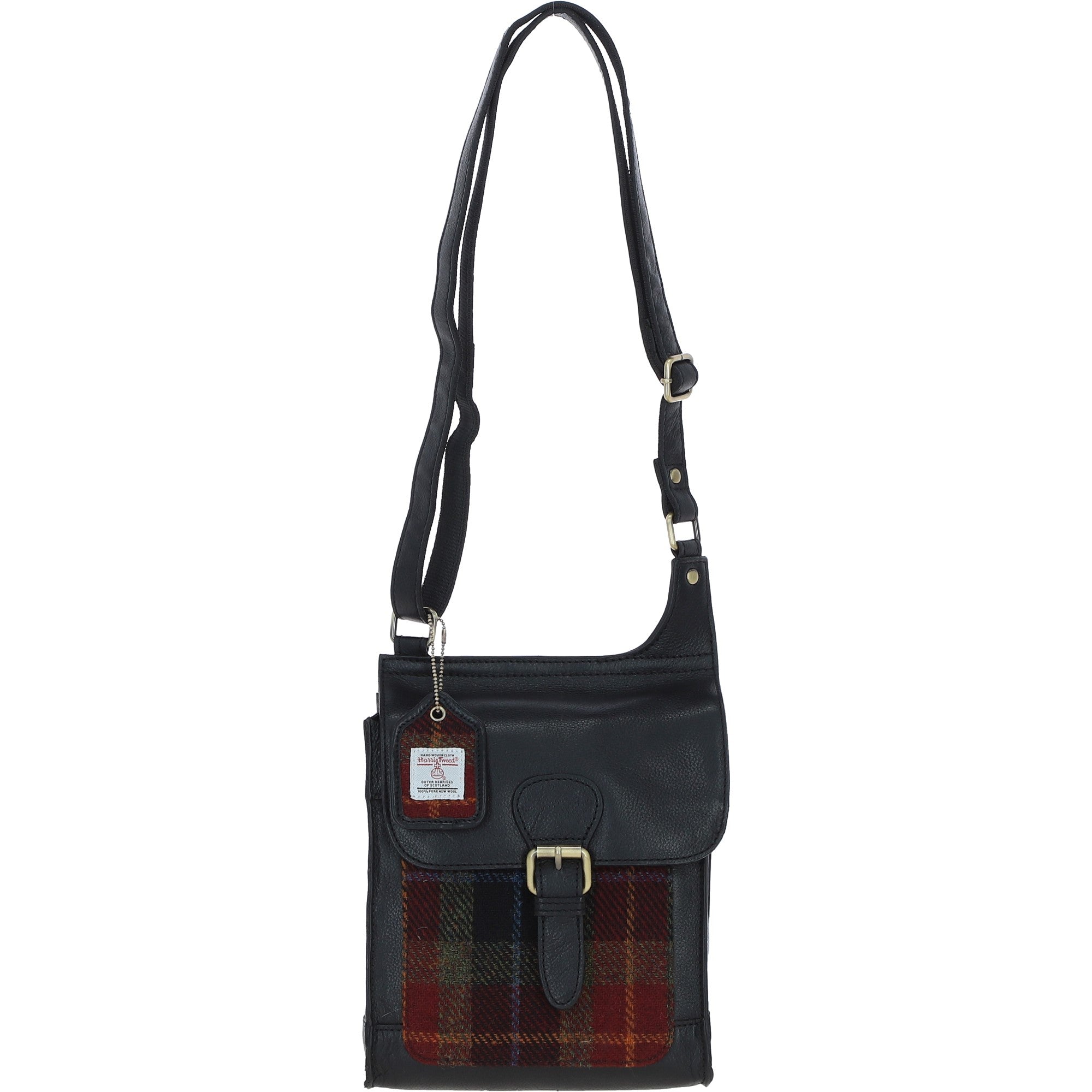 Ashwood Leather & Harris Tweed® Cloth Crossbody Bag Black/Green/Red: TW-24-07-BR