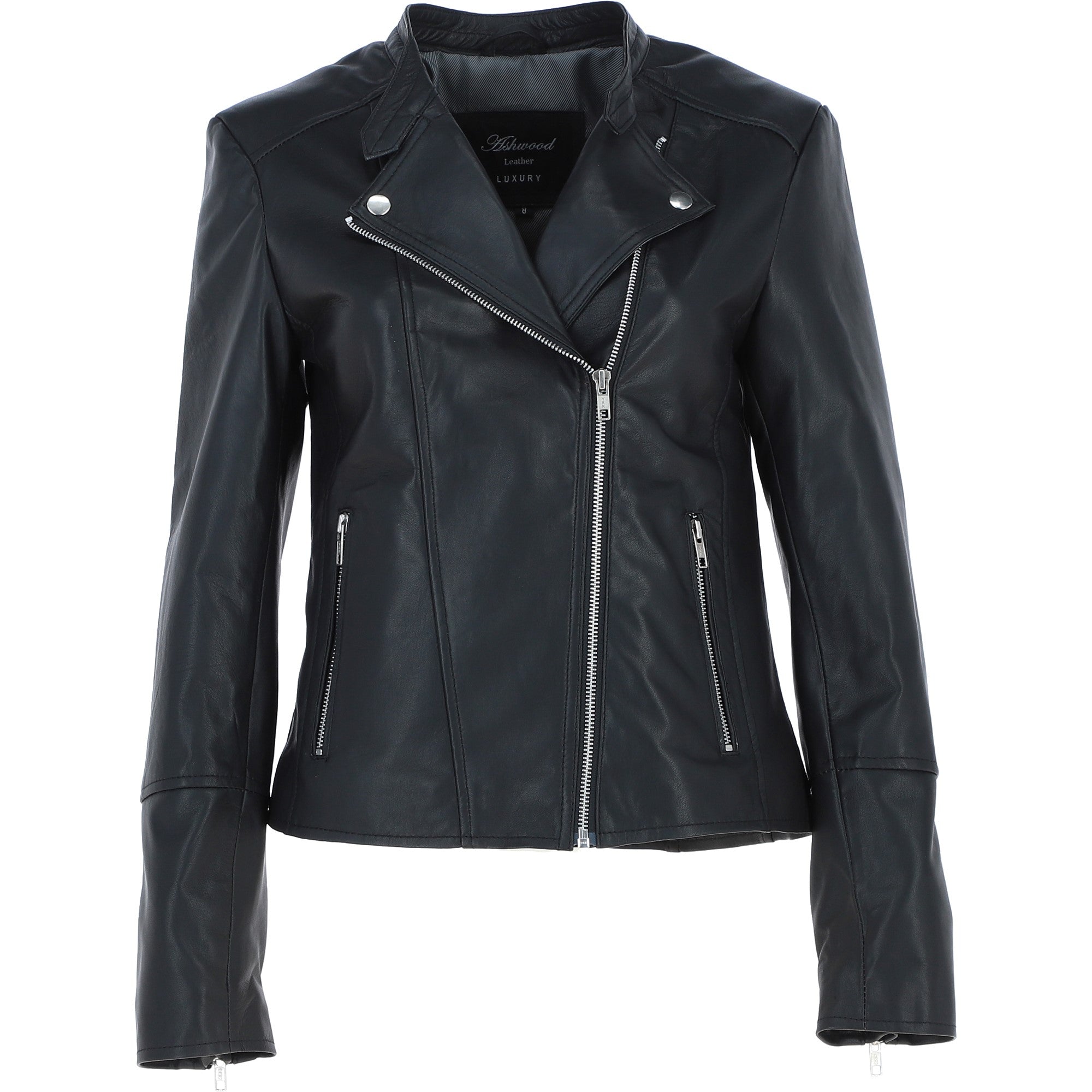Real Leather Ladies Biker Jacket with Mandarin Collar Black: AWL-N32