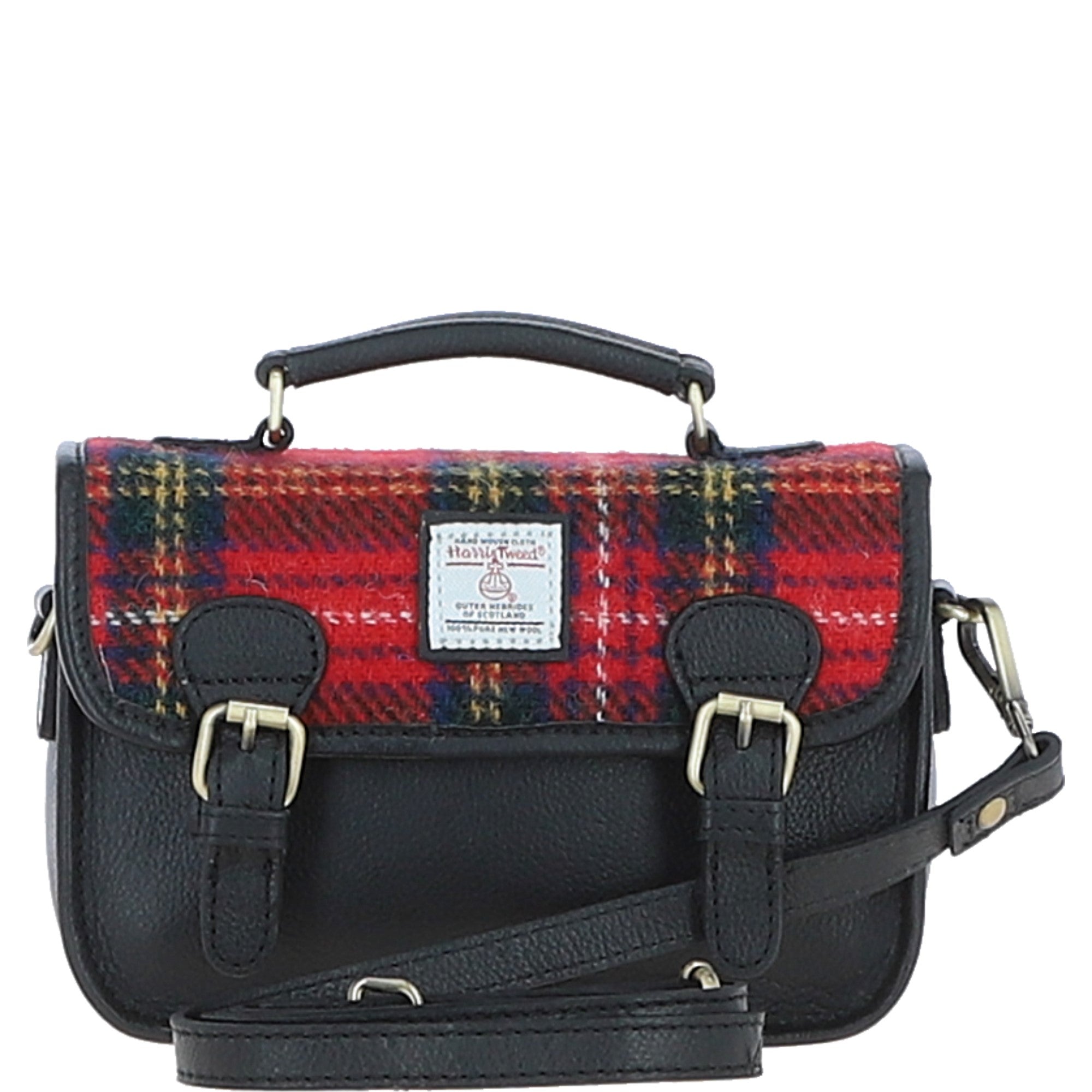 Ashwood Leather & Harris Tweed® Cloth Small Satchel Bag Black/Red: TW-67-14-BR