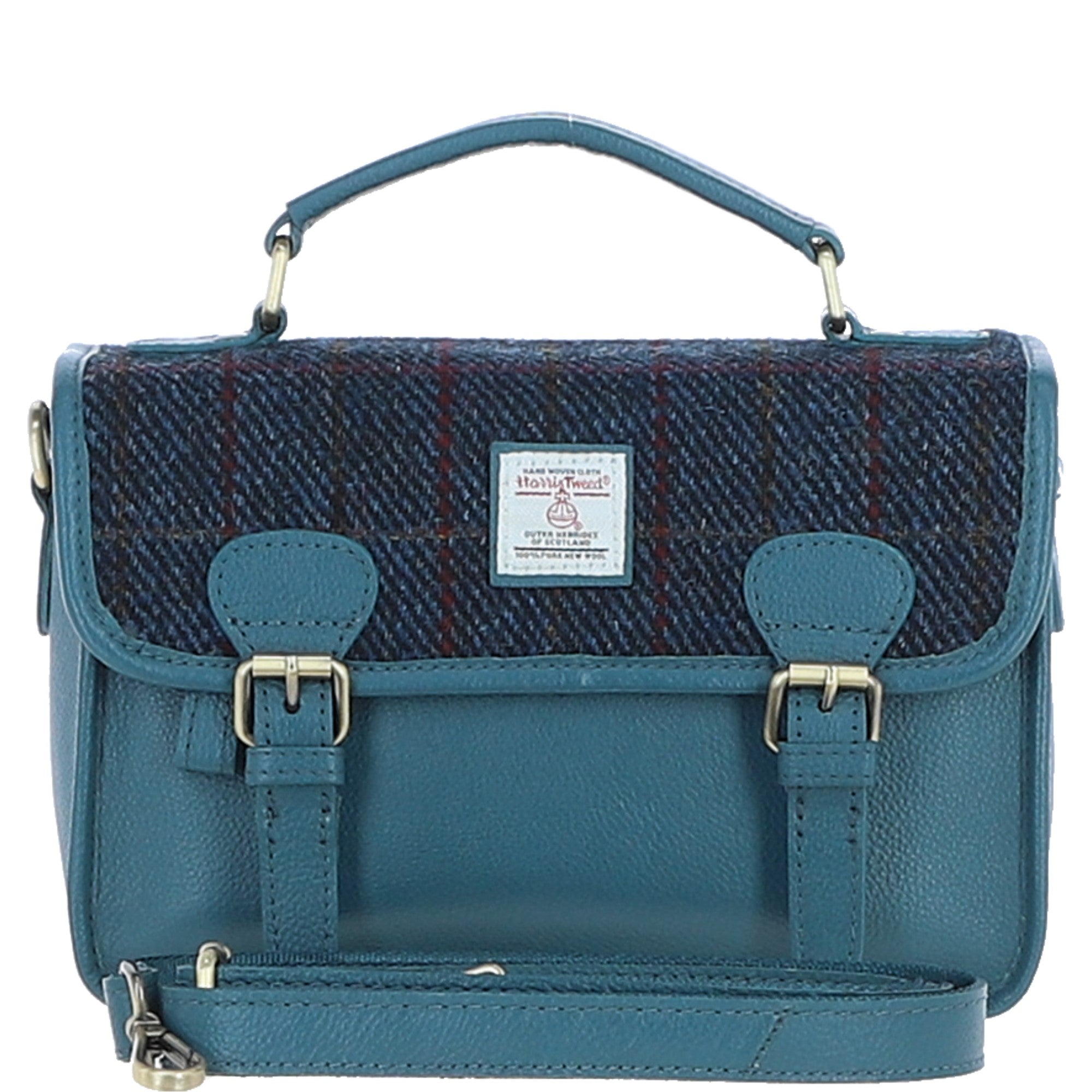 Ashwood Leather & Harris Tweed® Cloth Satchel Bag Teal/Navy: TW-68-16-TN