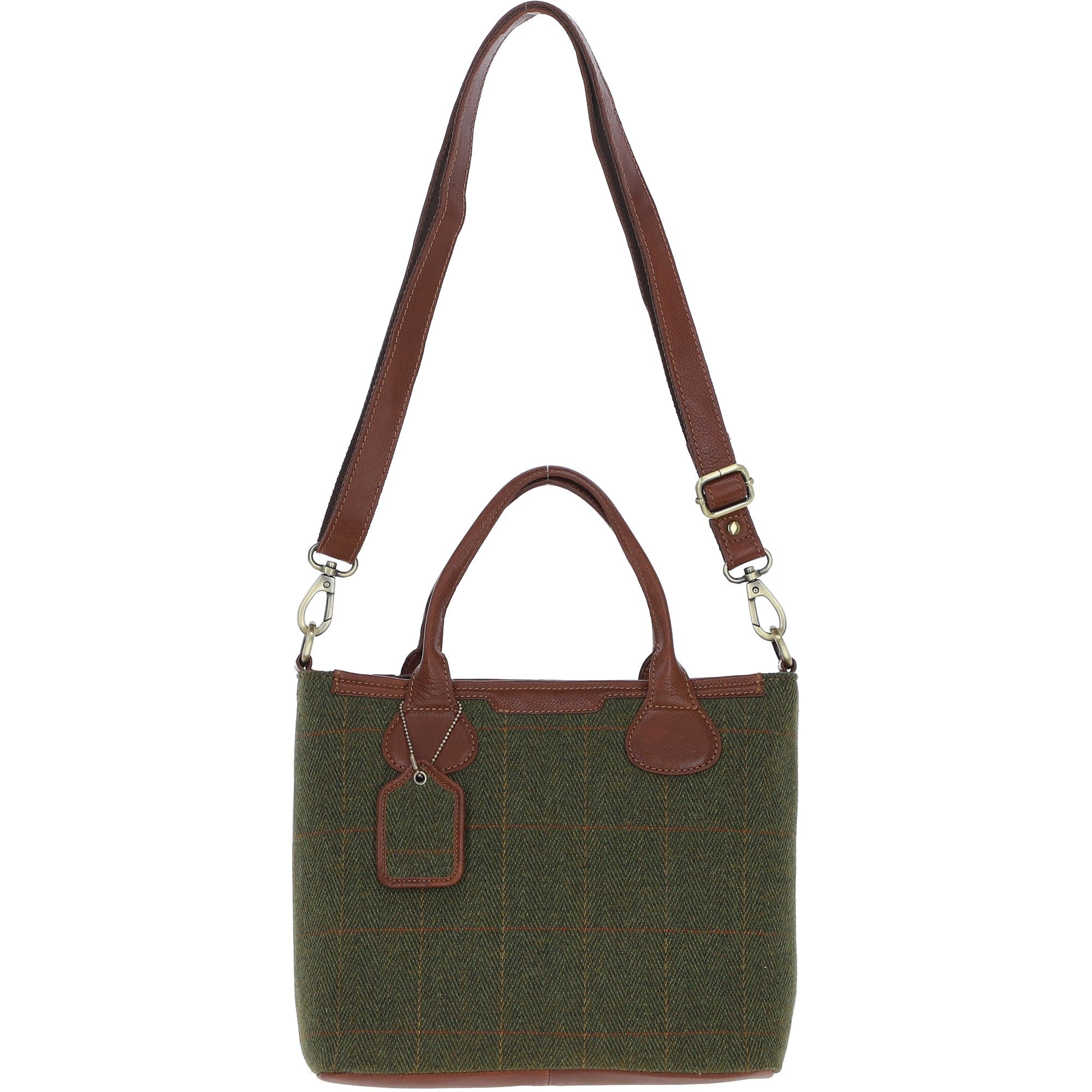 Versatile Ashwood Leather & Tweed Shoulder Bag Tan/Green Check: TW-22-010-TGNH