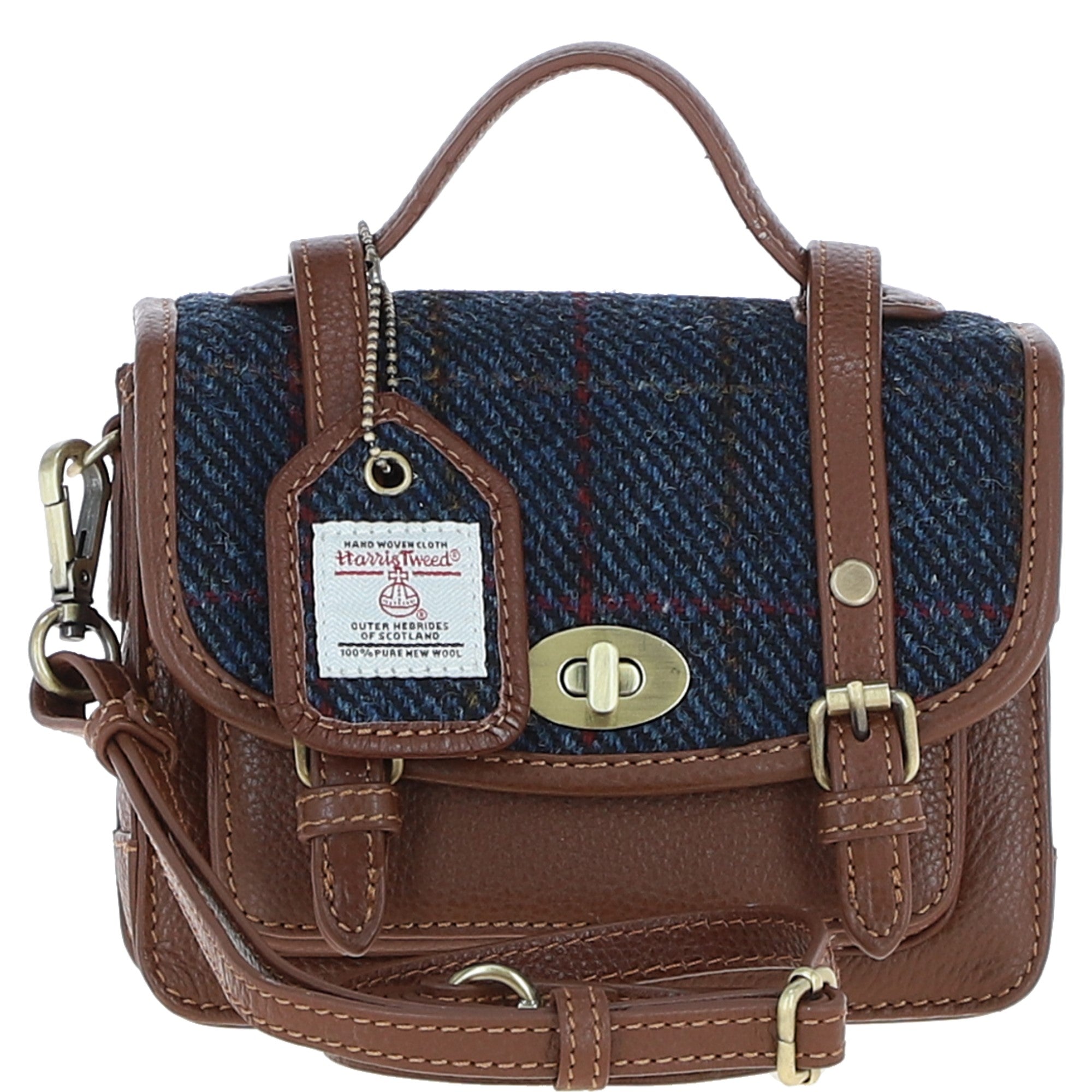 Ashwood Leather & Harris Tweed® Cloth Mini Satchel Bag with Twist Lock Tan/Navy: TW-32-11-TN