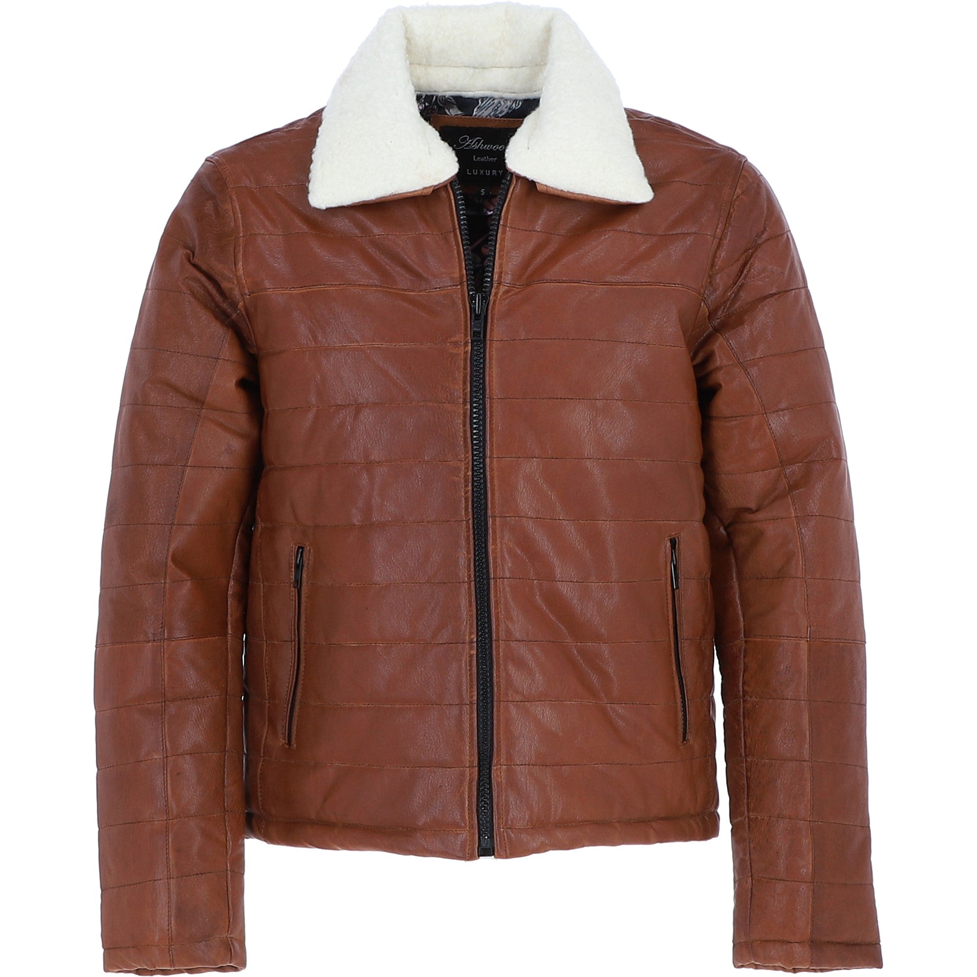 Ashwood Men’s Real Leather Puffer Jacket in Regular Fit with Faux Fur Collar Tan: AWM-Puffer