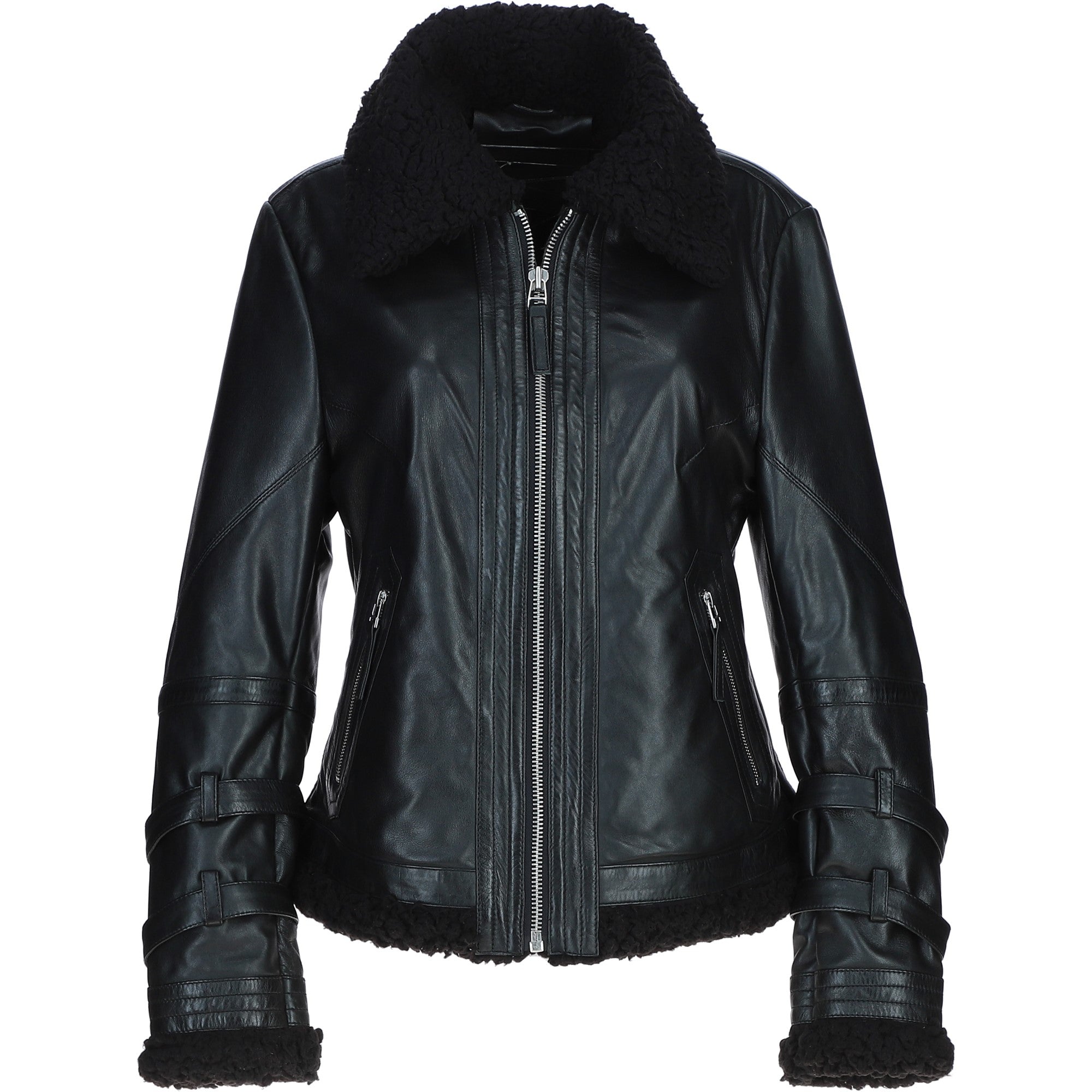 Ladies Sheepskin Aviator Jacket with Faux Fur Lining Black: 2419