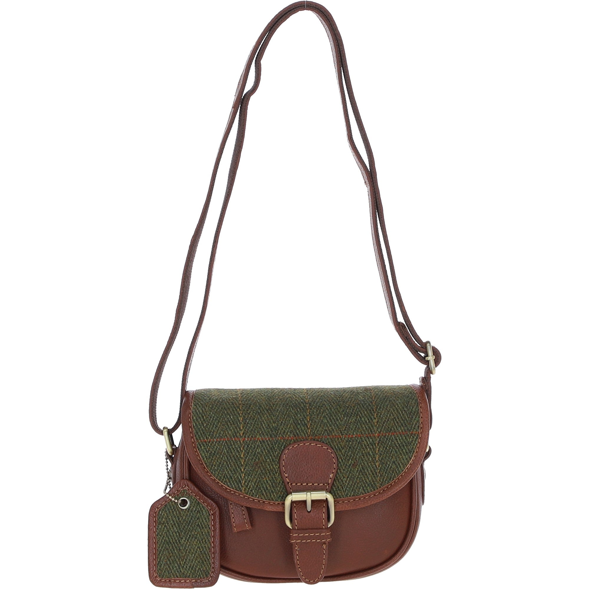 Ashwood Leather & Tweed Saddle Bag Tan/Green Check: TW-26-010-TGNH