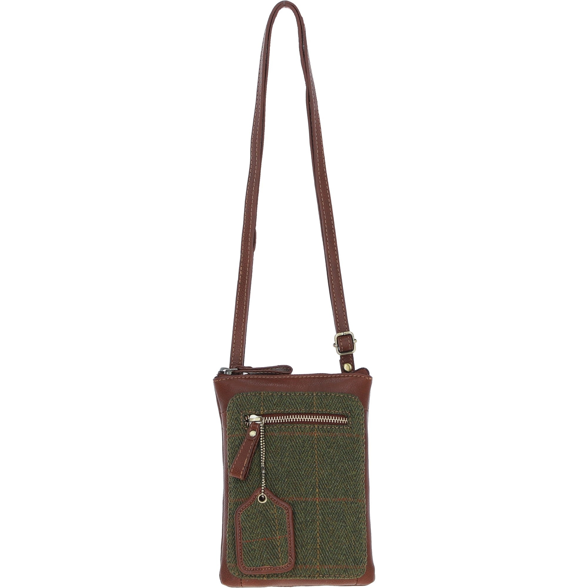 Authentic Ashwood Leather & Tweed Crossbody Bag Tan/Green Check: TW-29-010-TGNH