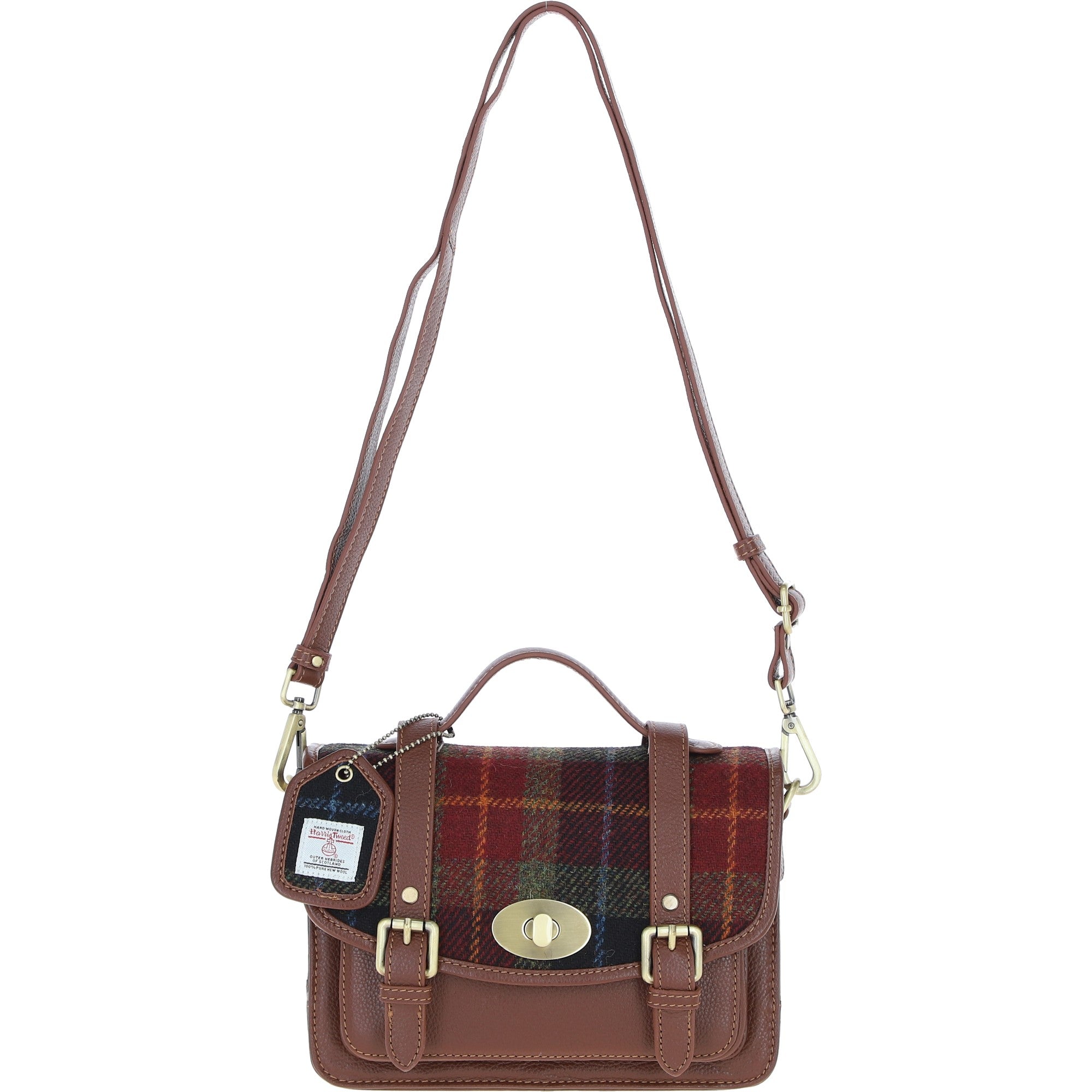 Ashwood Leather & Harris Tweed® Cloth Medium Satchel Bag with Twist Lock Tan/Green/Red: TW-34-08-TR