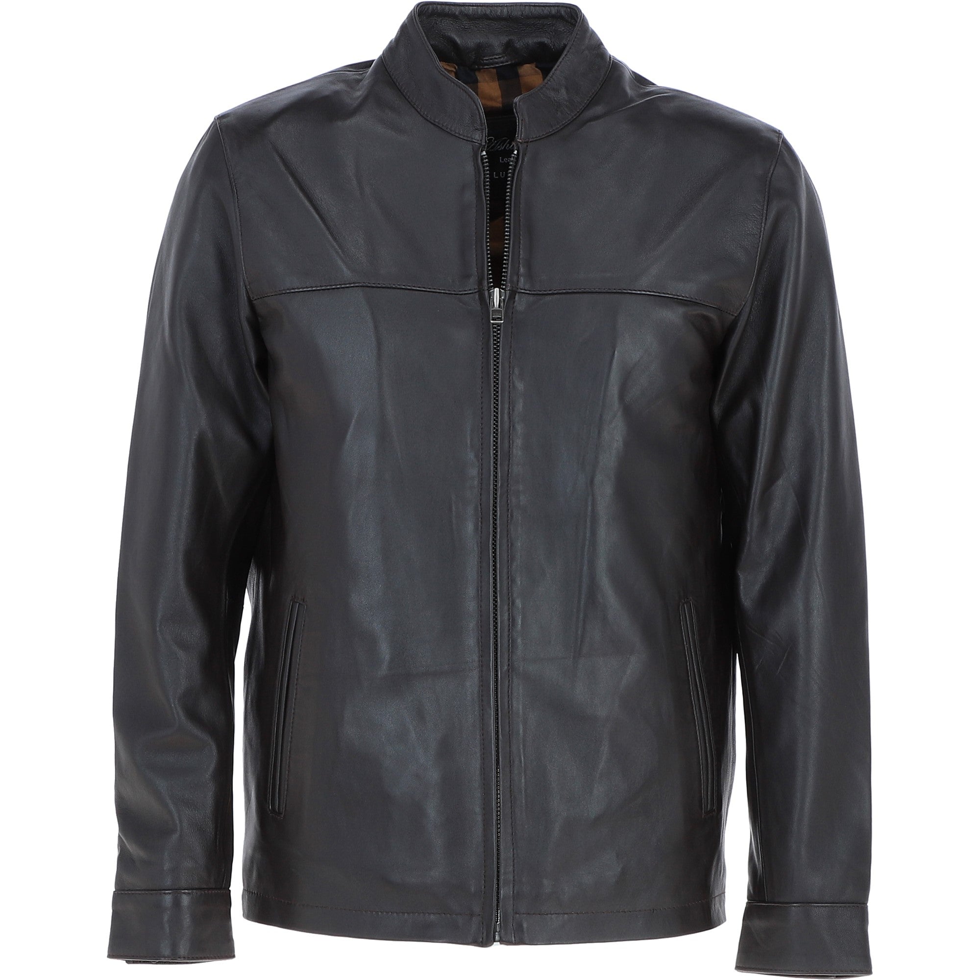 Ashwood Men’s Casual Real Leather Jacket with Mandarin Collar and Hidden Zip Brown: AWM-COOPER