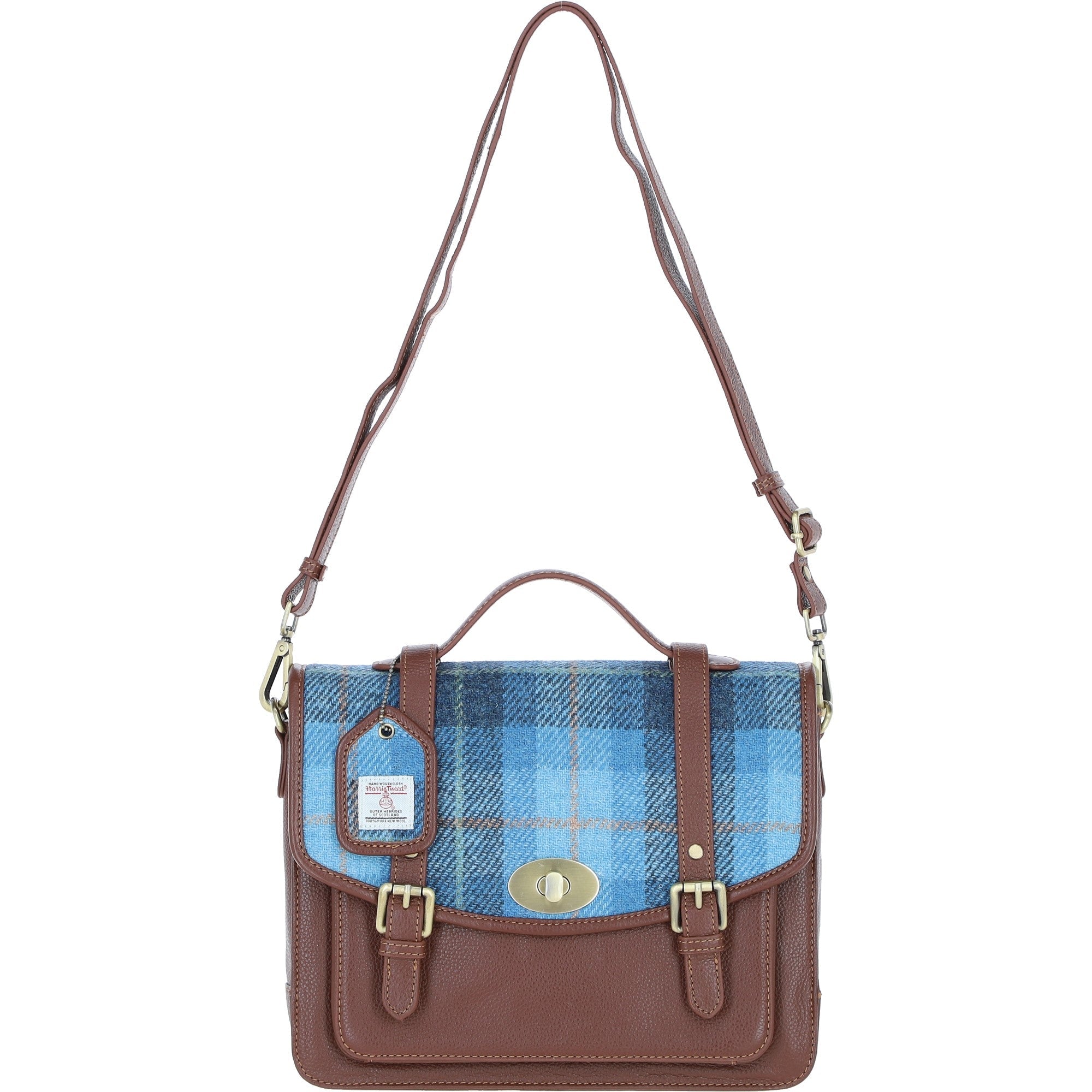 Ashwood Leather & Harris Tweed® Cloth Large Satchel Bag with Twist Lock Tan/TL Blue: TW-35-05-TB