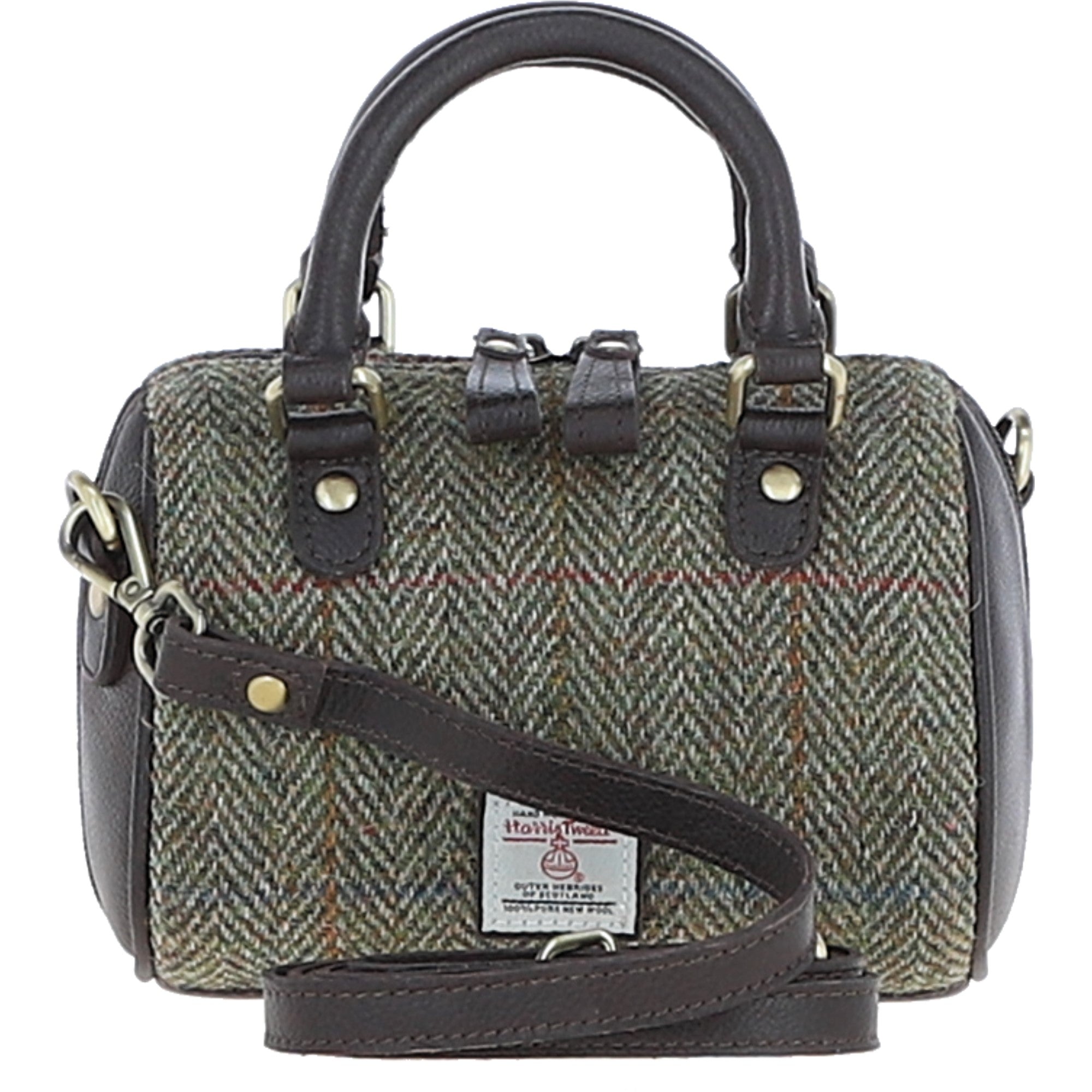 Ashwood Leather & Harris Tweed® Cloth Small Barrel Bag Brown/green: TW-61-09-BG