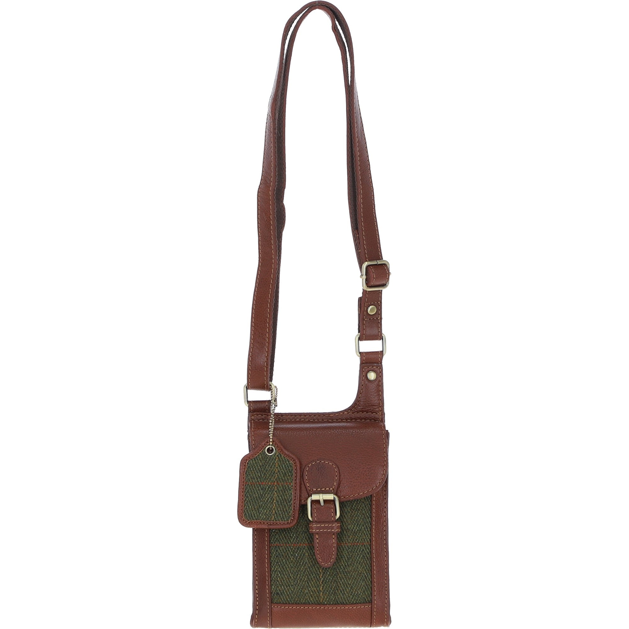 Ashwood Leather & Tweed elegance Crossbody Bag Tan/Green Check: TW-20-010-TGNH