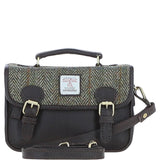 Ashwood Leather & Harris Tweed® Cloth Small Satchel Bag Brown/Green: TW-67-09-BG