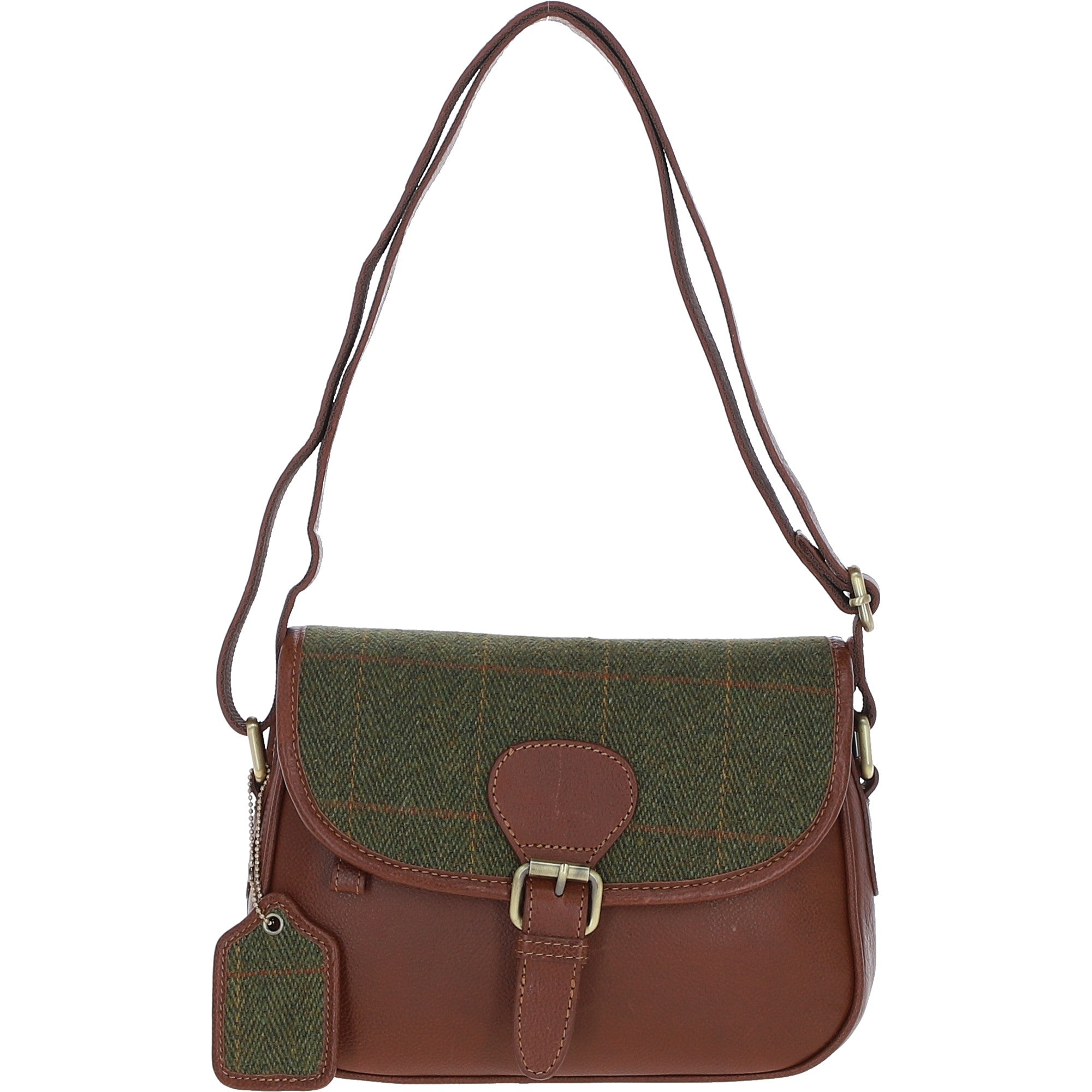 Elegant Ashwood Leather & Tweed Crossbody Bag Tan/Green Check: TW-27-010-TGNH