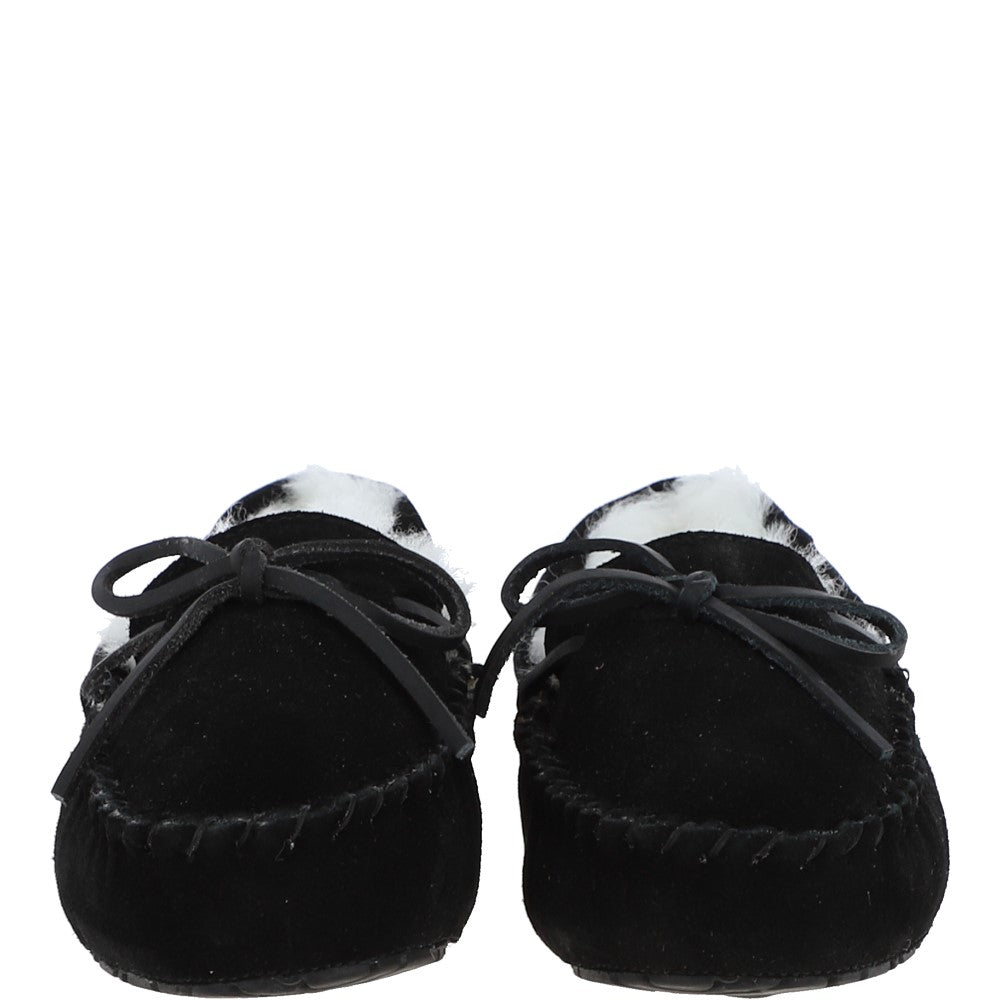 Women's Classic  Suede Sheepskin Moccasin Slippers Black/White: LADIES MOCCASSINS